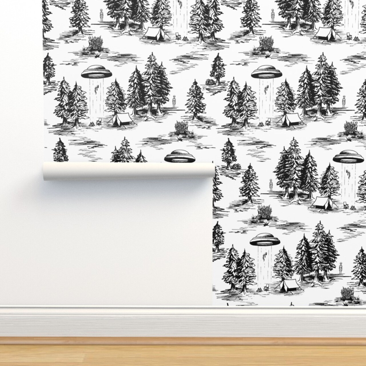 Ufo Whimsical Large Scale Black And White Space Alien Custom Removable Wallpaper by Spoonflower Peel & Stick Wallpaper 2FT Wide